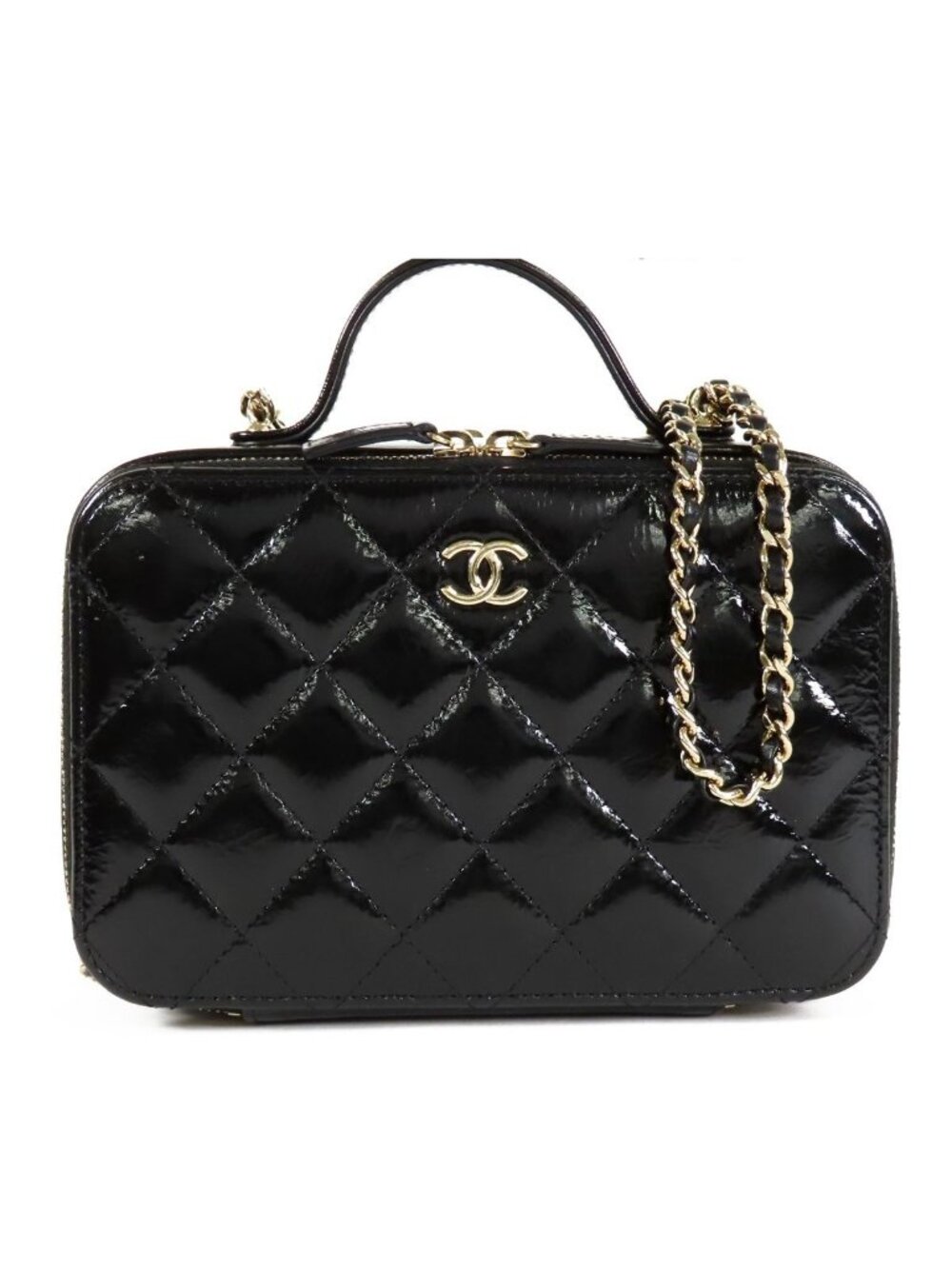 Chanel Top Handle Vanity Black Gold Shiny Calfskin Quilted Stitch 2-Way
